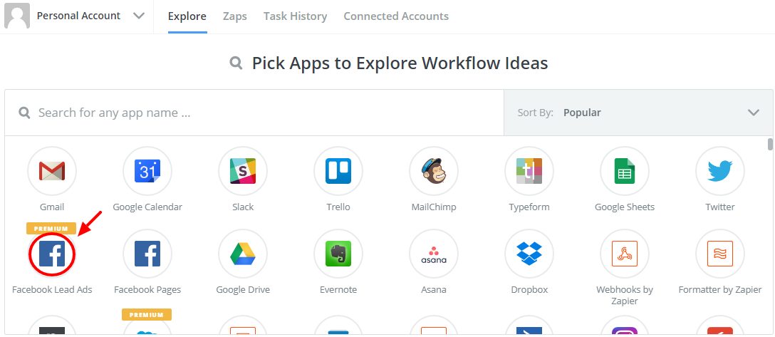 Tại trang chủ zapier chọn mục Facebook Lead Ads