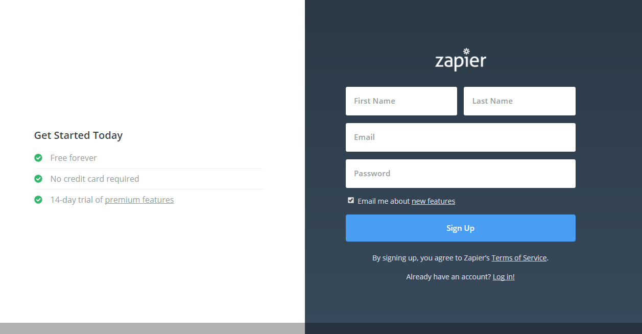 Đăng kí tài khoản zapier tại website https://zapier.com